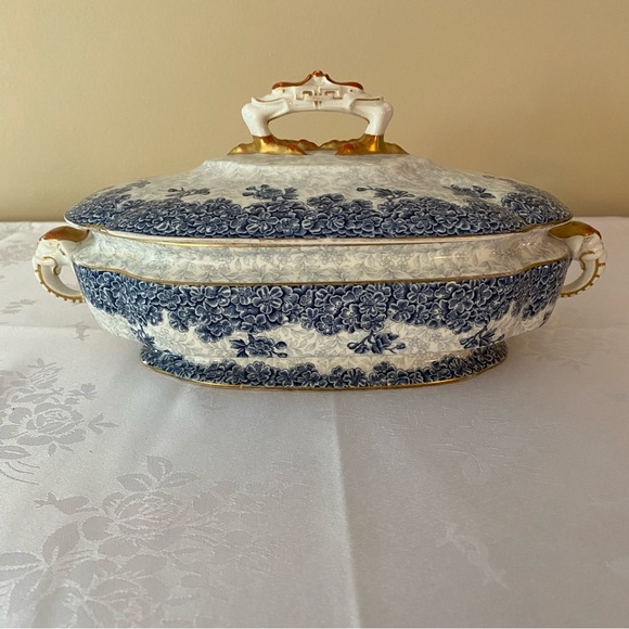 Royal Worcester W2297 68547 Oval Covered Serving Dish Blue Floral Gold Trim 1890 - Picture 3 of 11